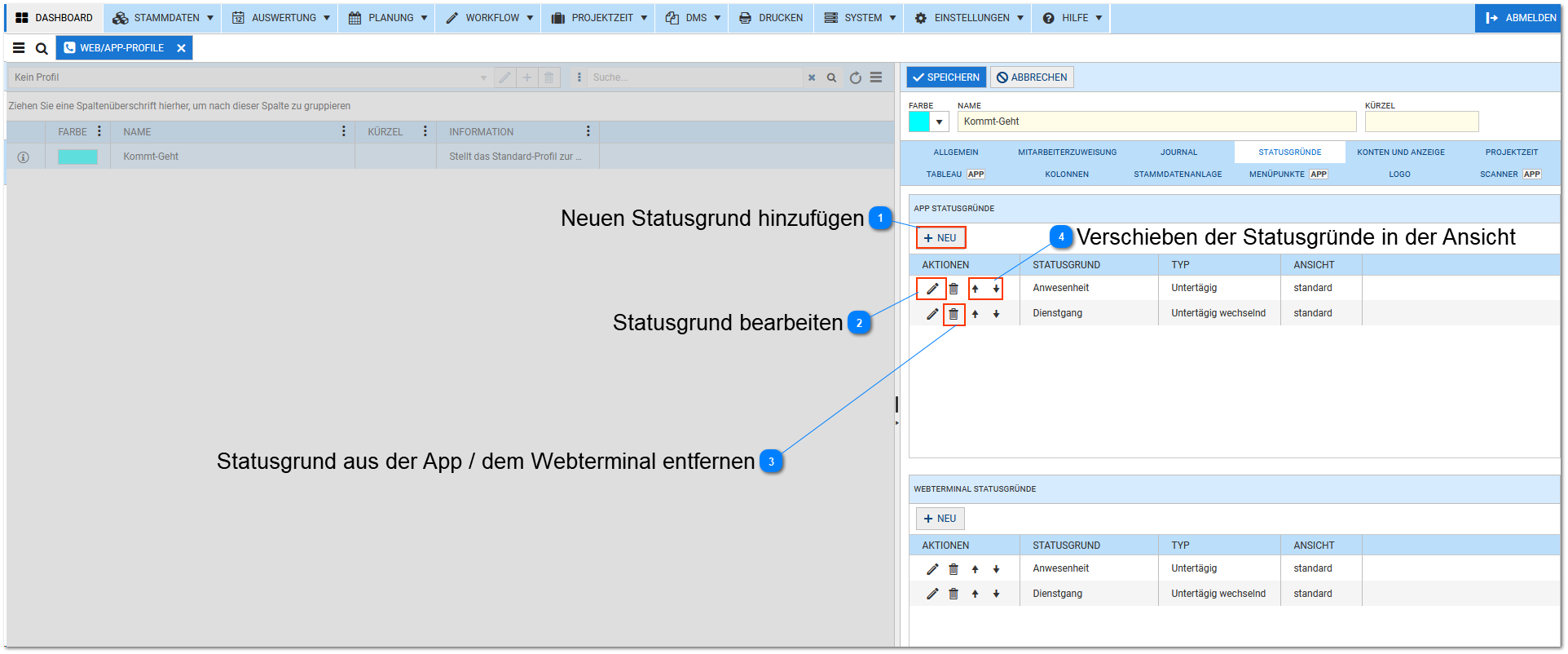 Statusgründe einrichten